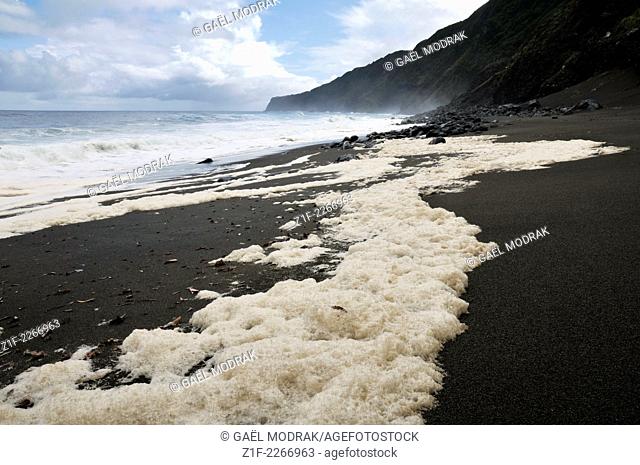 Black sand beach on Faial island, Azores, Portugal