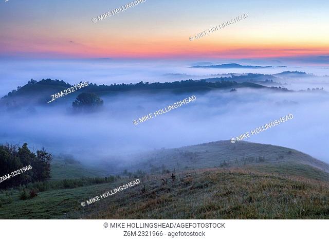 Low fog forms around the Loess Hills in western Iowa, July 31, 2010