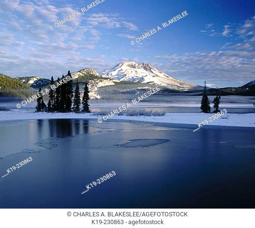 Snow covers South Sister and Sparks Lakes. Deschutes National Forest. Oregon. USA