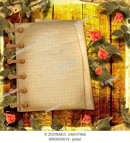 Grunge background for congratulation with notebook and beautiful rose