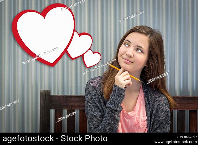 Cute Daydreaming Girl With Blank Floating Hearts Clipping Path Included
