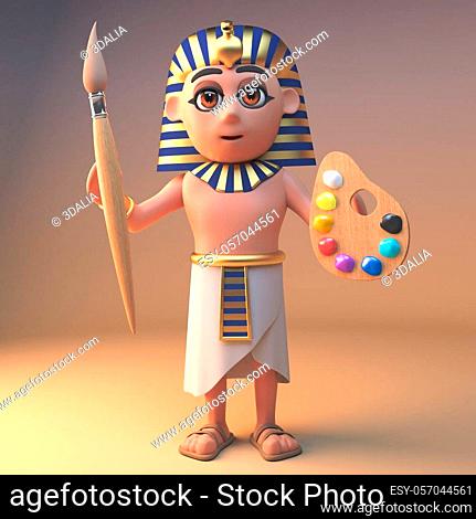 Artistic ancient Egyptian pharaoh Tutankhamun holding a paintbrush and palette, 3d illustration render