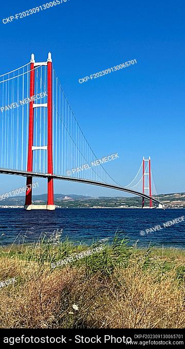 The 1915 Canakkale Bridge, the longest suspension bridge in the world, sixth link between Asia and Europe. The total length of the bridge is 3