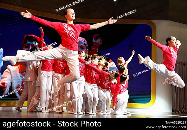 RUSSIA, MOSCOW - NOVEMBER 29, 2023: Members of a dance ensemble perform during a Mari El Republic Day event at the Russia Expo international exhibition and...