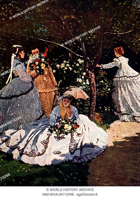Painting titled 'Femmes au Jardin' by Claude Monet (1840-1926) a founder of French Impressionist painting. Dated 19th Century