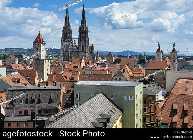 Overlook over the Unesco world heritage sight Regensburg from the tower of the Church of the Holy Trinity, Bavaria, Germany, Europe