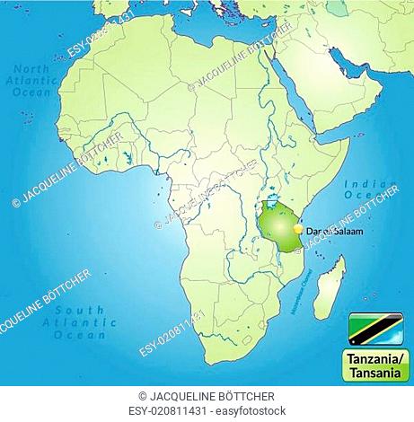 Umgebungskarte von Tansania mit Hauptstädten in Grün