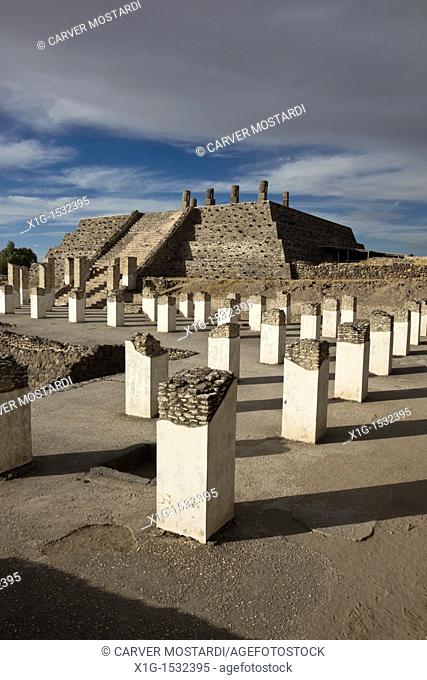 Columns in front of the Tlahuizcalpantecuhtli Pyramid or Temple of the Morning Star in the Toltec capital of Tula, Mexico