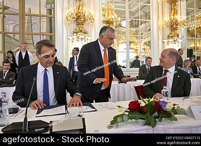Greek PM Kyriakos Mitsotakis, from left, Hungarian PM Viktor Orban and German Chancellor Olaf Scholz at the first meeting of European Political Community (EPC)