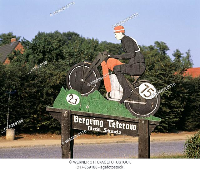 Germany, Mecklenburg-Western Pomerania, Teterow, motorbike race wooden sign