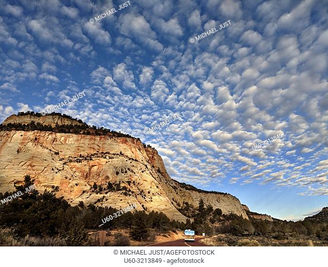 Unusual scattered clouds appear over the Eastside of Zion National Park, Utah