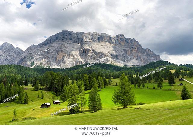 Mountain range Kreuzkofel - Sasso santa Croce in the nature park Fanes Sennes Prags and UNESCO world heritage. Europe, Central Europe, Italy