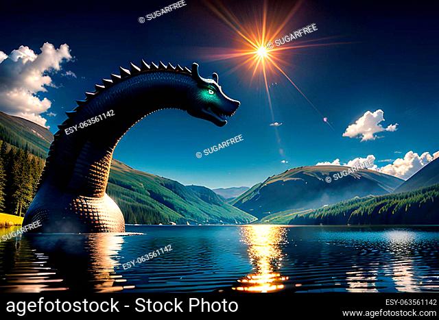 Illustration of Nessie, mythical Loch Ness monster. AI generated image