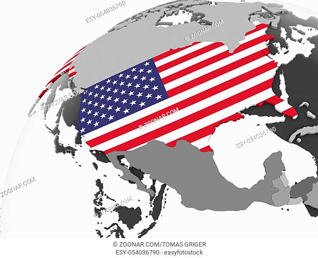 USA on gray political globe with embedded flag. 3D illustration