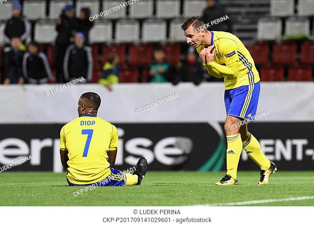 From left DAME DIOP, ADNAN DZAFIC of Zlin in action during the Football Europa League 1st round group F match: Fastav Zlin vs Sheriff Tiraspol in Olomouc