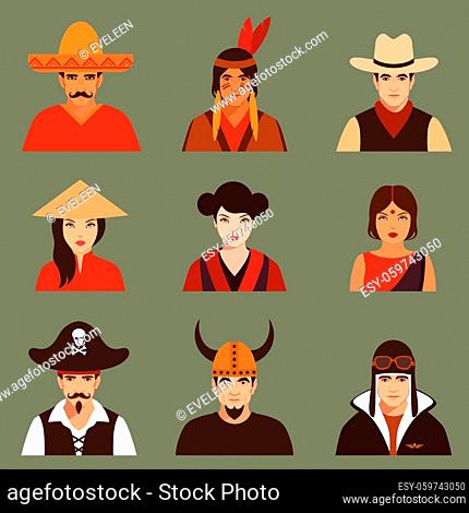 vector different characters pirate, pilot, cowboy, viking, mexiacn, indian, american and asian people faces