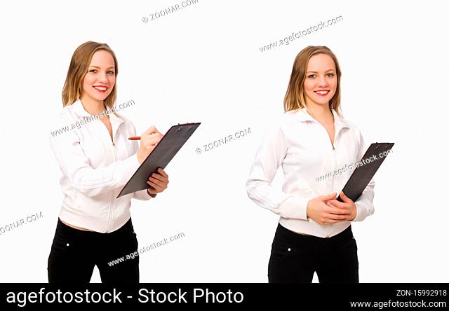 The woman wearing sports costume isolated on white