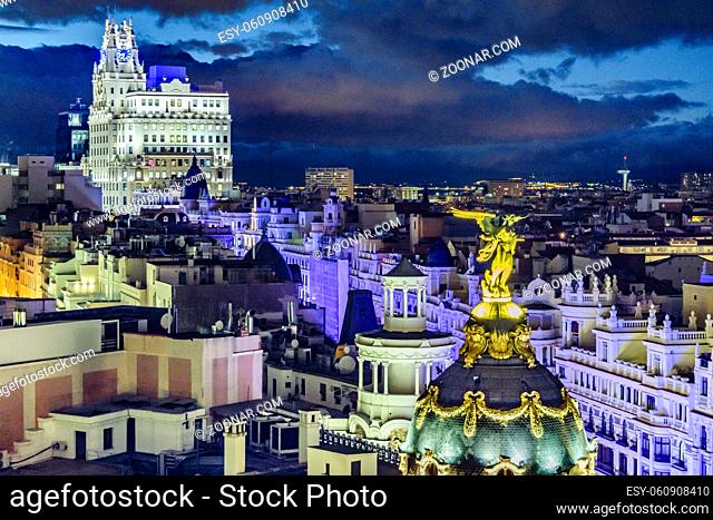 Aerial view of madrid city from fine arts circle viewpoint bar