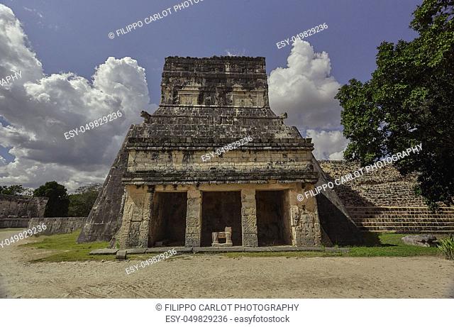 Front view of the Temple of the Jaguar in the archaeological complex of Chichen Itza in Mexico