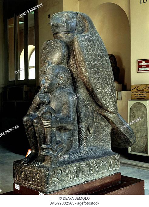 Egyptian civilization, New Kingdom, Dynasty XIX. Ramses II as a child with god Hurum, from Tanis.  Cairo, Egyptian Museum