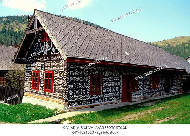 Traditionally decorated wooden cottage in Cicmany, Slovakia