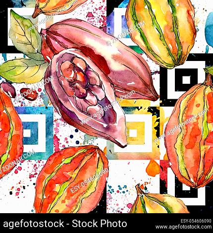Exotic baobab healthy food in a watercolor style pattern. Full name of the fruit: baobab. Aquarelle wild fruit for background, texture, wrapper pattern or menu