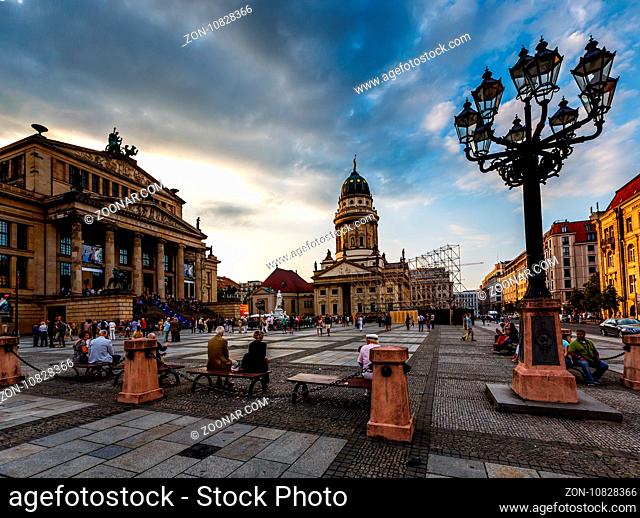 BERLIN, GERMANY - AUGUST 10: French Cathedral and Gendarmenmarkt Square on August 10, 2013 in Berlin, Germany. The square was created by Johann Arnold Nering at...