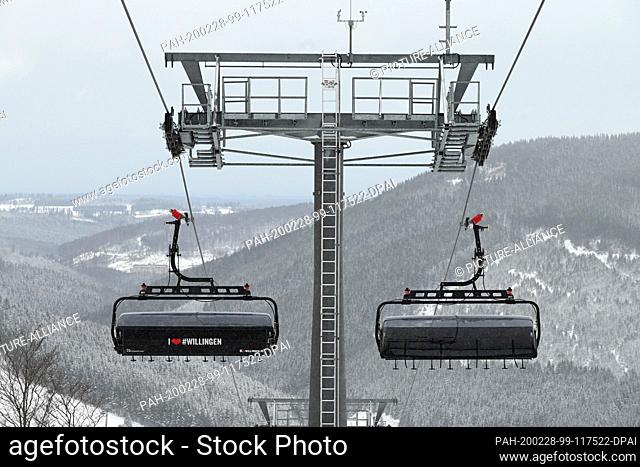 27 February 2020, Hessen, Willingen: View over the ""K1"" chairlift to the snowy upland. It was put into operation just over a year ago as Germany's most modern...