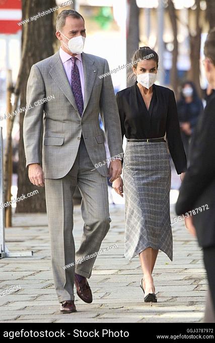 King Felipe VI of Spain, Queen Letizia of Spain visit Royal Tapestry Factory on March 16, 2021 in Madrid, Spain