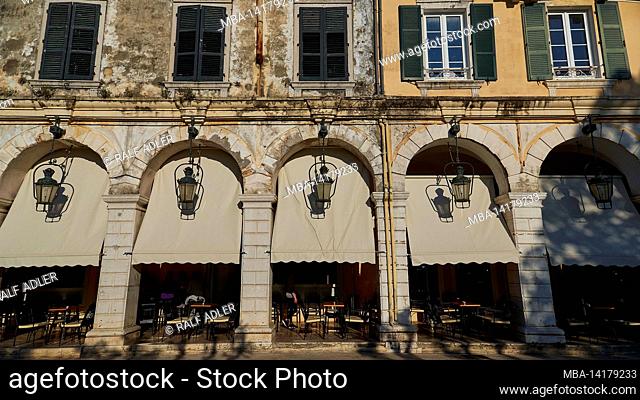 Greece, Greek Islands, Ionian Islands, Corfu, Corfu Town, old town, view of the arches of the Liston, diagonally from below, wide angle view