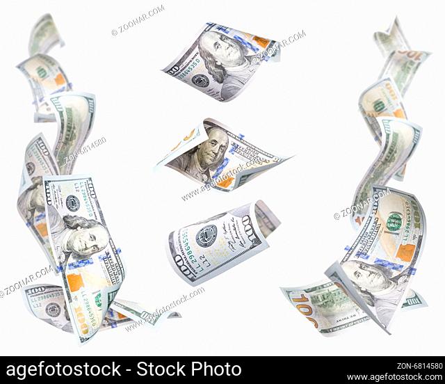 Set of Left and Right Corner Frames of Falling or Floating $100 Bills with 3 Isolated on White