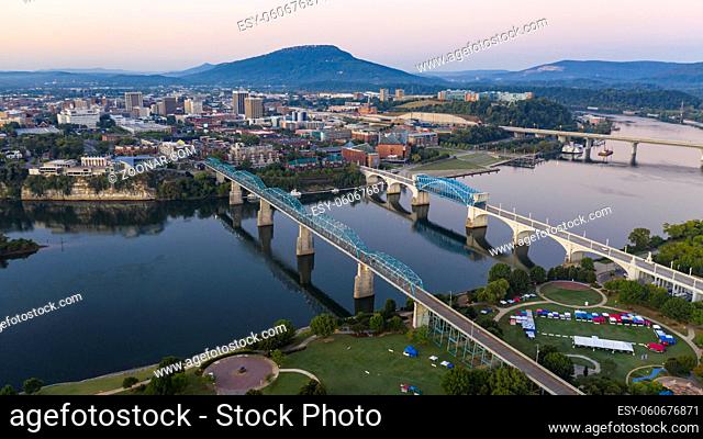 Aerial view of a bend in the Tennessee River flowing around beautiful Chatanooga TN