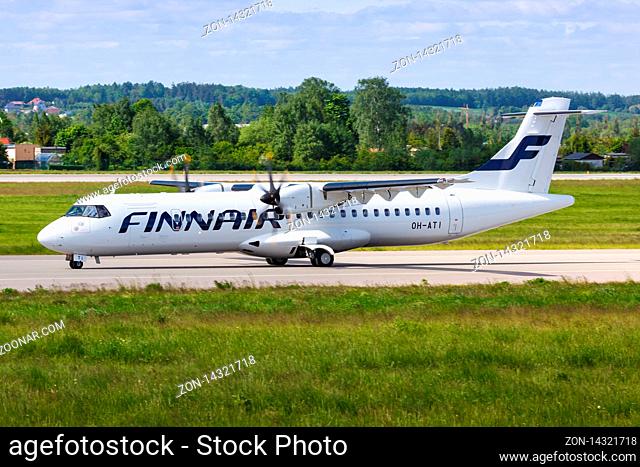 Gdansk, Poland ? May 29, 2019: Finnair ATR-72 airplane at Gdansk airport (GDN) in Poland
