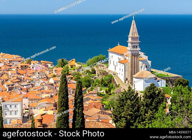 St. George's Parish church and the rooftop of Piran viewed from the town walls. Piran, Istria, Slovenia