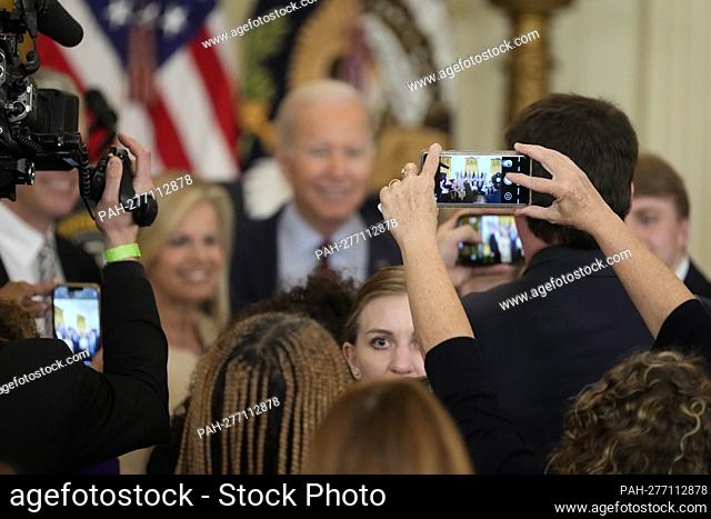 United States President Joe Biden poses for photos with Gretchen Carlson after signing H.R. 4445, the “Ending Forced Arbitration of Sexual Assault and Sexual...