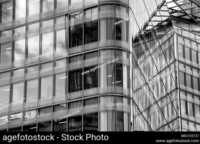 Black and white abstract details of a modern glass skyscraper office building