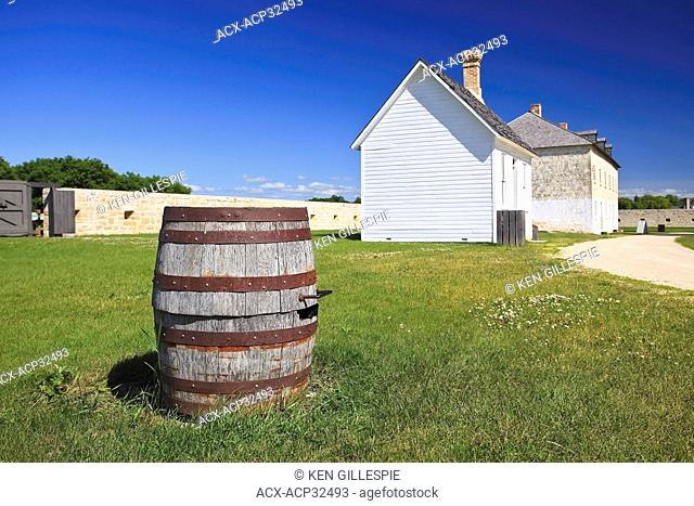 Whiskey barrel and historic buildings of Lower Fort Garry National Historic Site, Manitoba, Canada