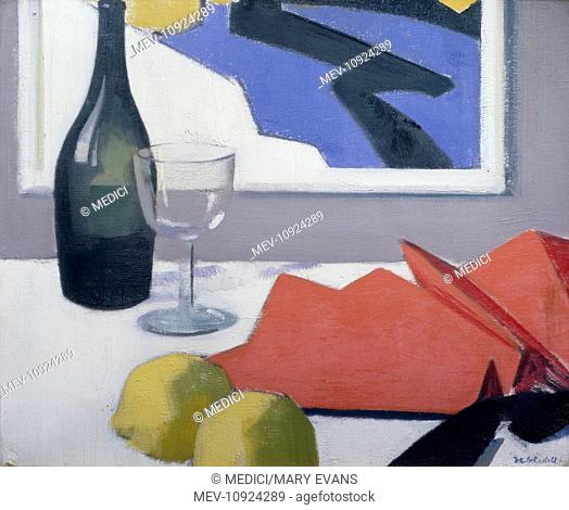 Red Fan with Bottle and Glass' – with lemons and painting on wall behind