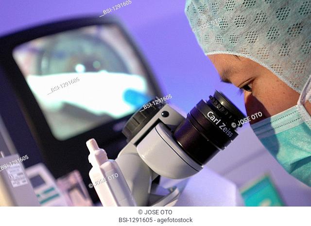 EYE SURGERY<BR>Photo essay from hospital.<BR>LASIK surgery for shortsightedness. Eye surgery using the LASIK laser is performed in two stages: first a...