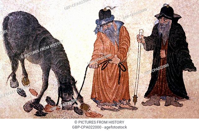 Central Asia: Siyah Kalem School, 15th century. Two Turkmen nomads converse beside a grazing horse