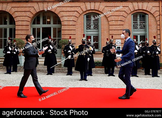 The French President, Emmanuel Macron, receives the Pedro Sanchez, Spanish Prime Minister, in the Prefecture of Tarn-et-Garonne, in the French town of Montauban