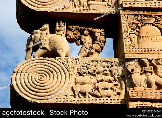 Detail of a section of stone panel on top of doorway at Stupa in Sanchi, near Bhopal, Madhya Pradesh, India, Asia