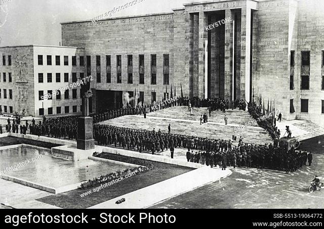 Duce Defies Sanctions In Speech To Students - The scene outside the main hall of University City, during the opening ceremony by Mussolini