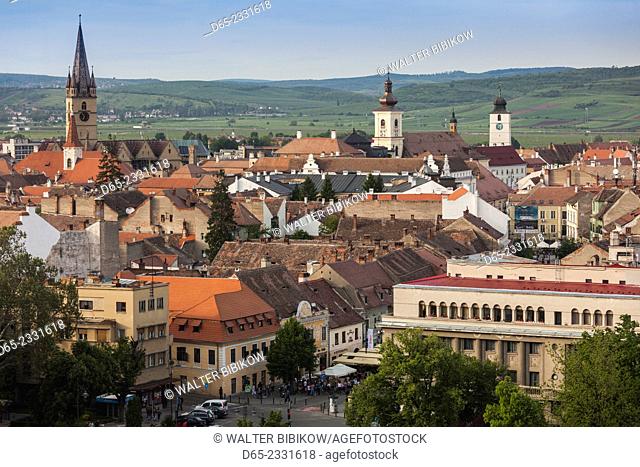 Romania, Transylvania, Sibiu, elevated city view, late afternoon