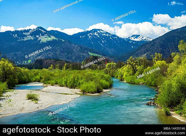 The river Iller near Immenstadt on a sunny day in spring. Allgäu Alps with Steineberg and Stuiben. Bavaria, Germany, Europe