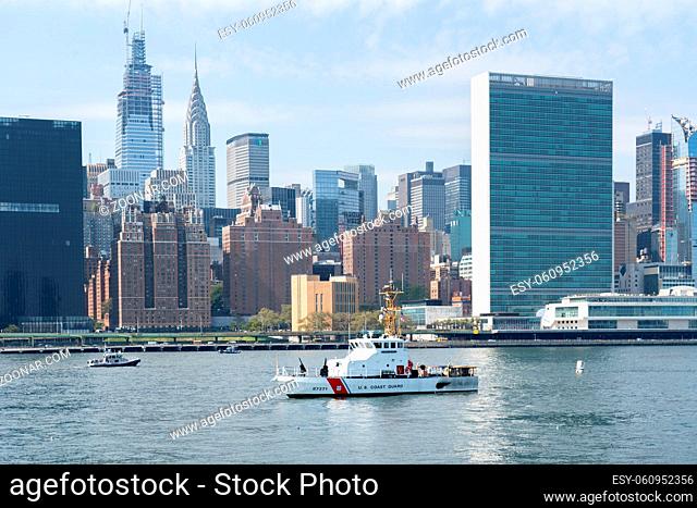 New York, United States of America - September 23, 2019: The U.S. Coast Guard boat Reef Shark in front of the United Nations headquarters