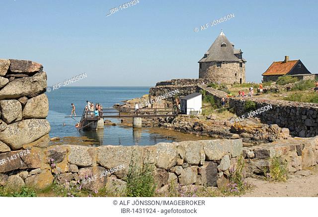 Bathplace, stonewalls and tower at the old Christiansoe Fortress, Denmark, Europe