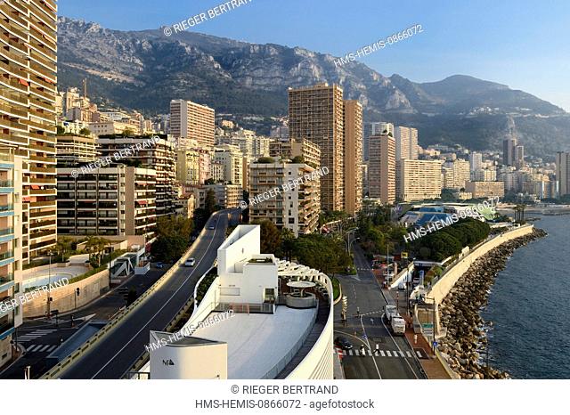Principality of Monaco, Monaco, Monte-Carlo, Larvotto boulevard and building NI BOX in the foreground, Grimaldi Forum (Cultural and Exhibition Centre) right