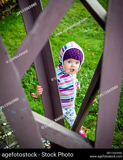 A toddler girl standing outside on grass and looking through a metal sculpture at the camera; Whidbey Island, Washington, United States of America