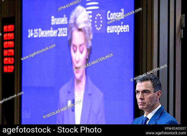 European Commission President Ursula Von der Leyen and Prime Minister of Spain Pedro Sanchez pictured during a press moment by the President of the European...